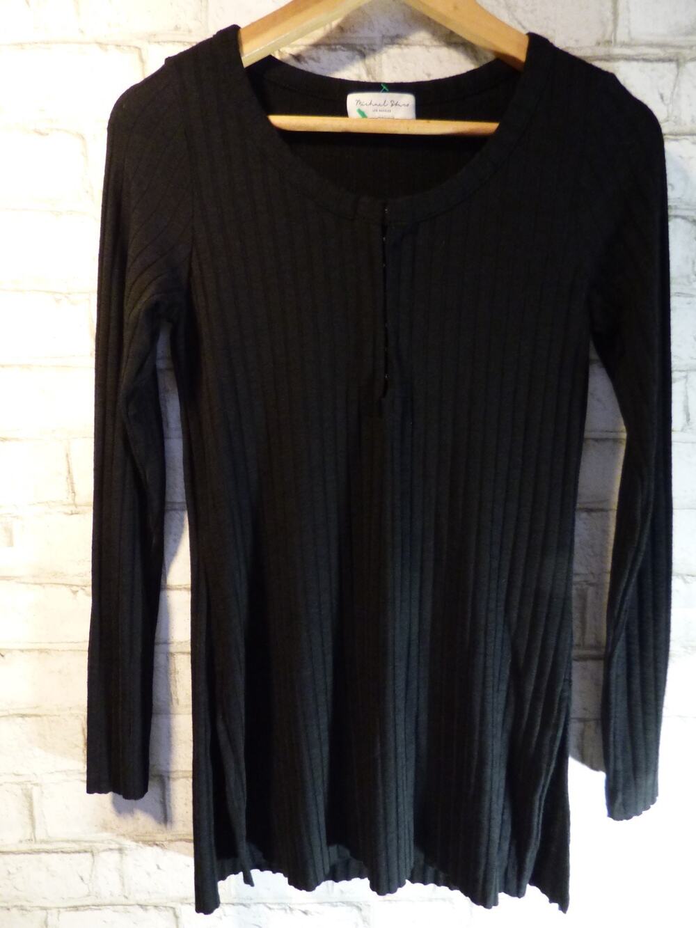 Michael Stars Black Wide Ribbed Long Sleeve Top w/Split Seams Small NEW